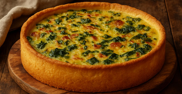 Bezlepkový quiche s pórkem, slaninou a špenátem podle Jamieho Olivera