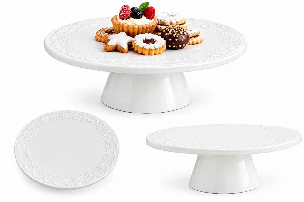 Bílý dortový tác s podstavcem – elegantní servírovací tác na dorty, zákusky a cukroví