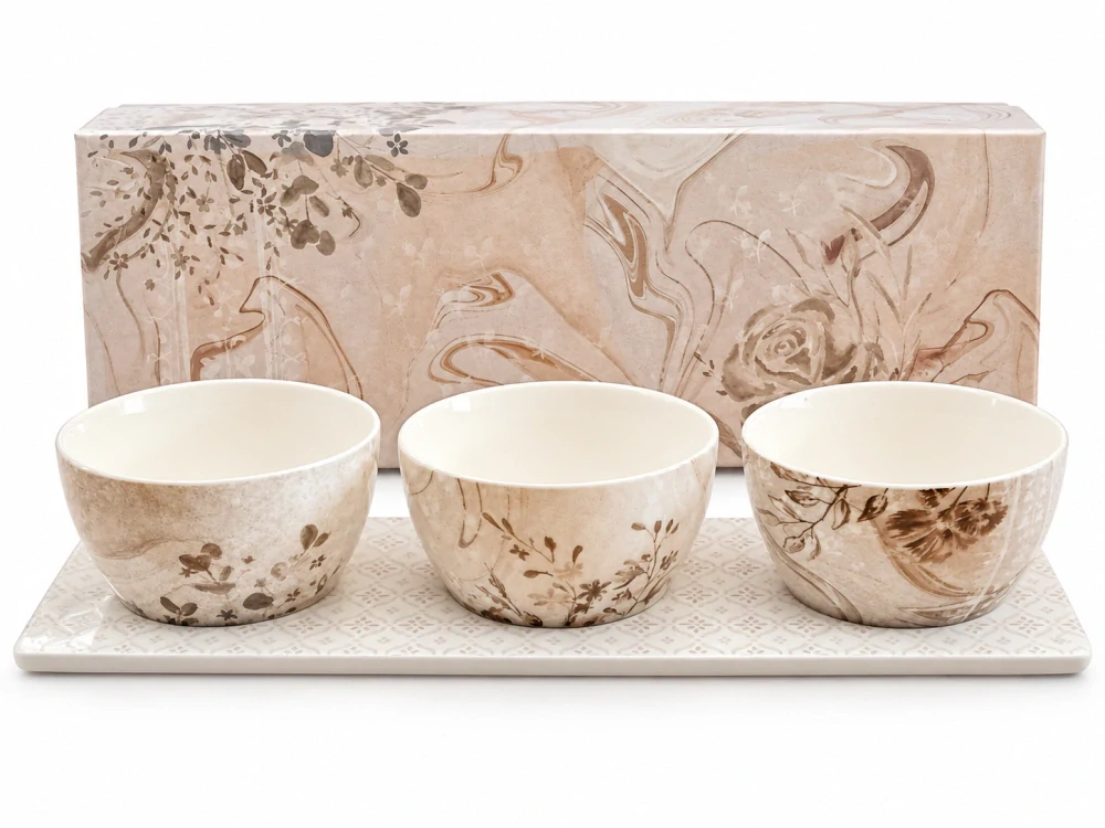 Chvíle u stolu – porcelánová servírovací sada 3 misek s podnosem
